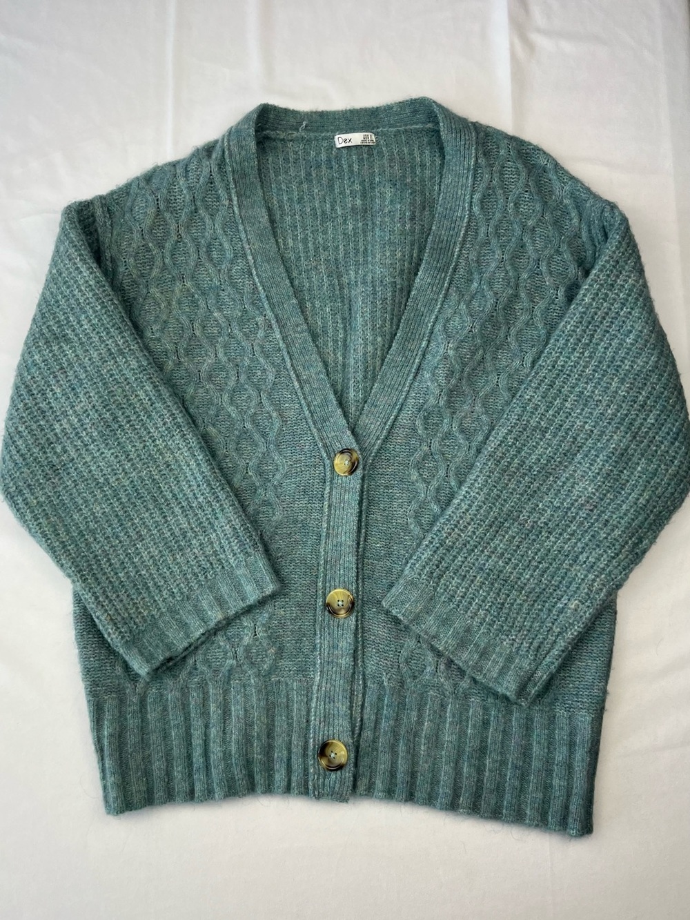 Dex Teal Cozy Cable Knit Classic V-Neck Button Front Cardigan Sweater - Small